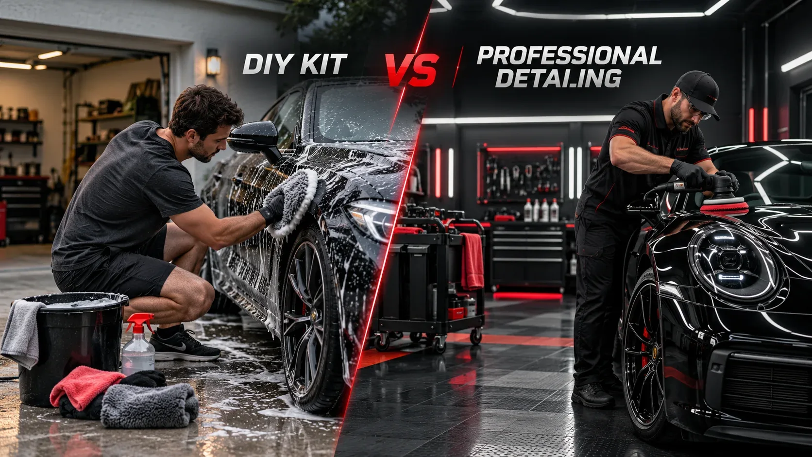 Comparison between DIY car detailing and professional automotive detailing with polishing equipment