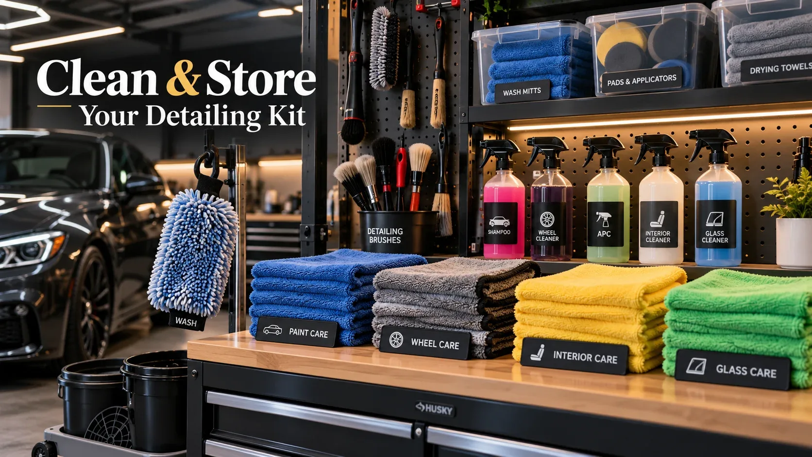 Organized storage of clean car detailing towels wash mitts brushes and labeled cleaning chemicals