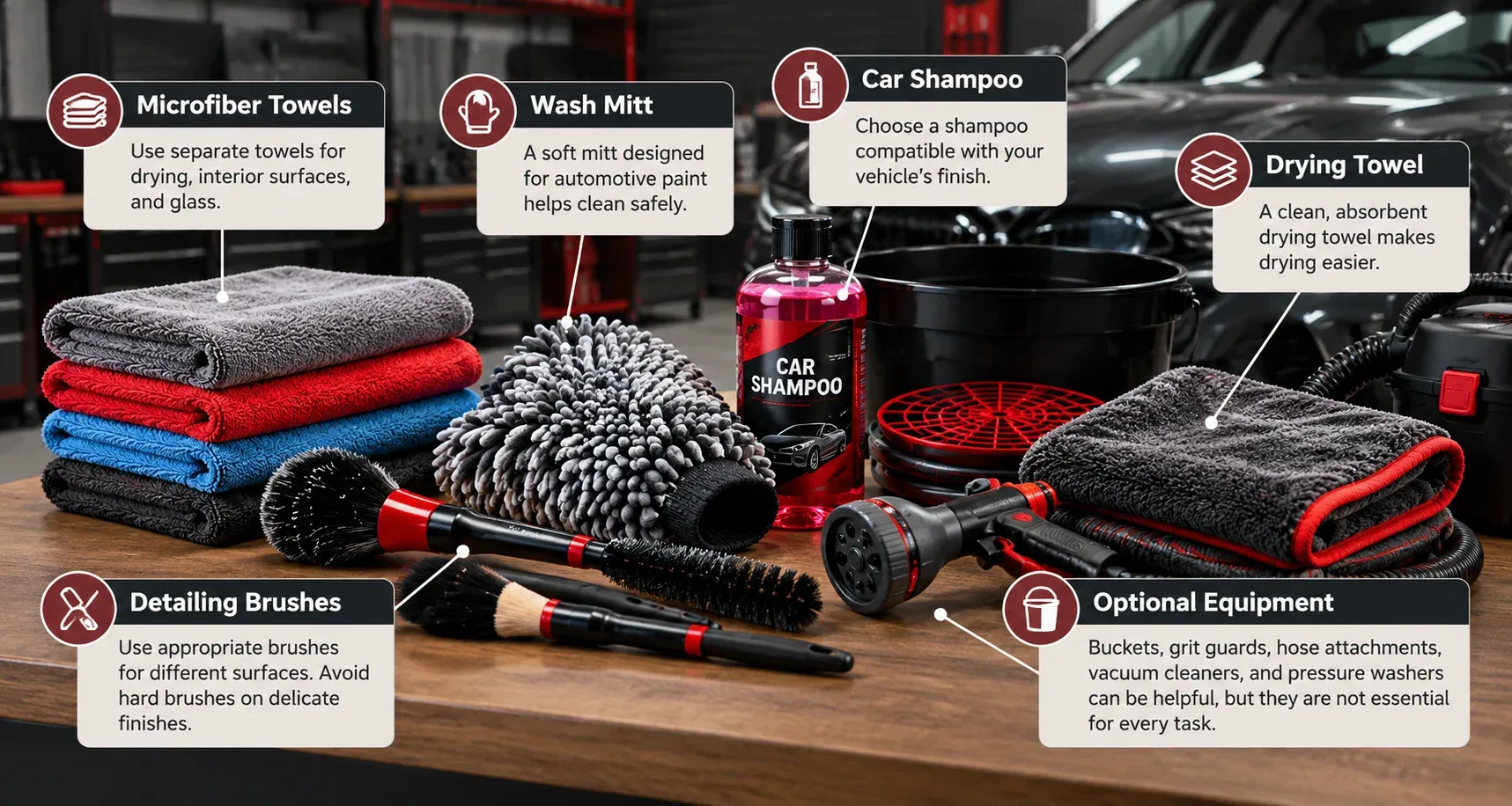 Beginner car detailing starter equipment showing microfiber towels wash mitt car shampoo drying towel brushes and optional cleaning tools