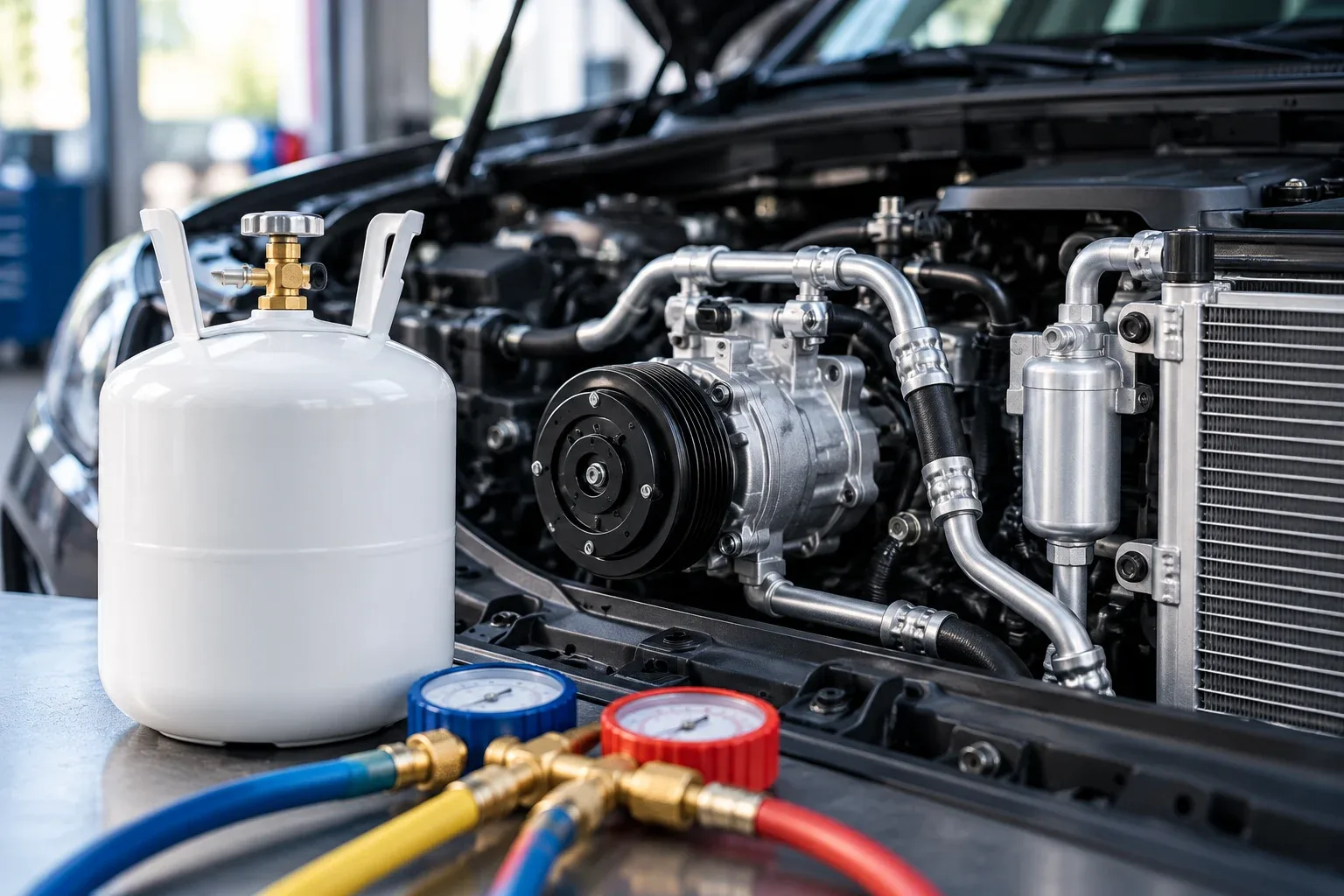 Refrigerant cylinder beside automotive AC compressor aluminum pipes and air-conditioning components