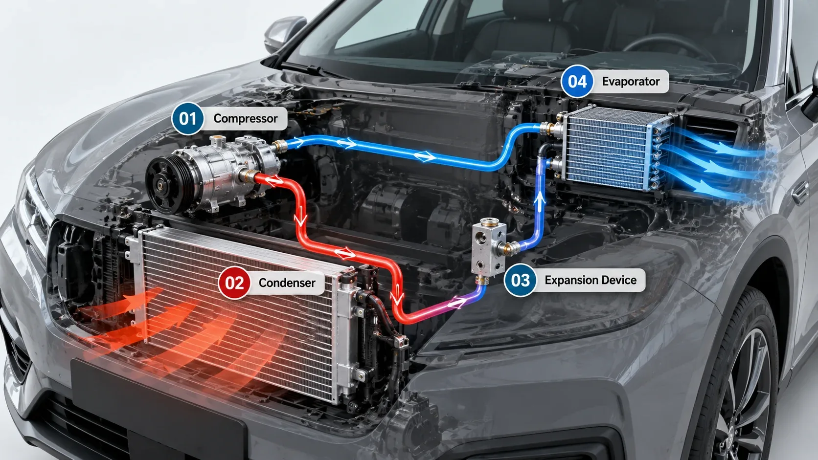 Automotive AC diagram showing compressor condenser expansion device and evaporator