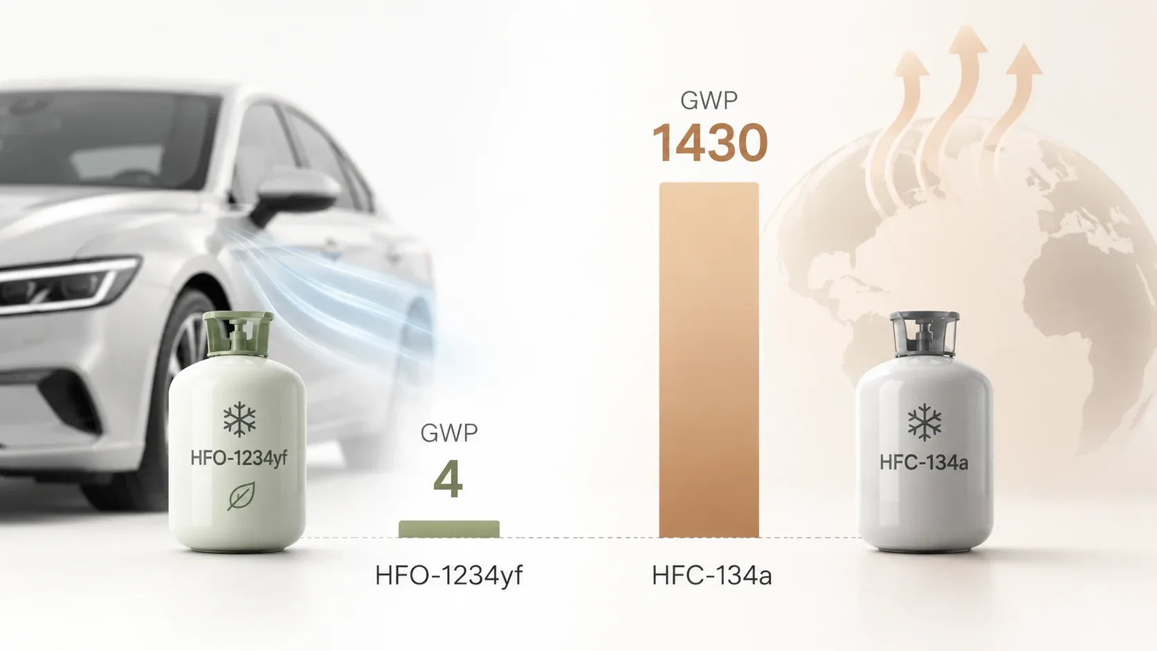 Global warming potential comparison showing HFO-1234yf at 4 and HFC-134a at 1430