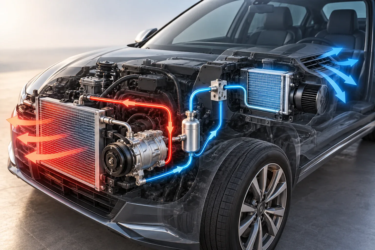 Car cutaway illustrating refrigerant flow cooling air and heat transfer in the AC system