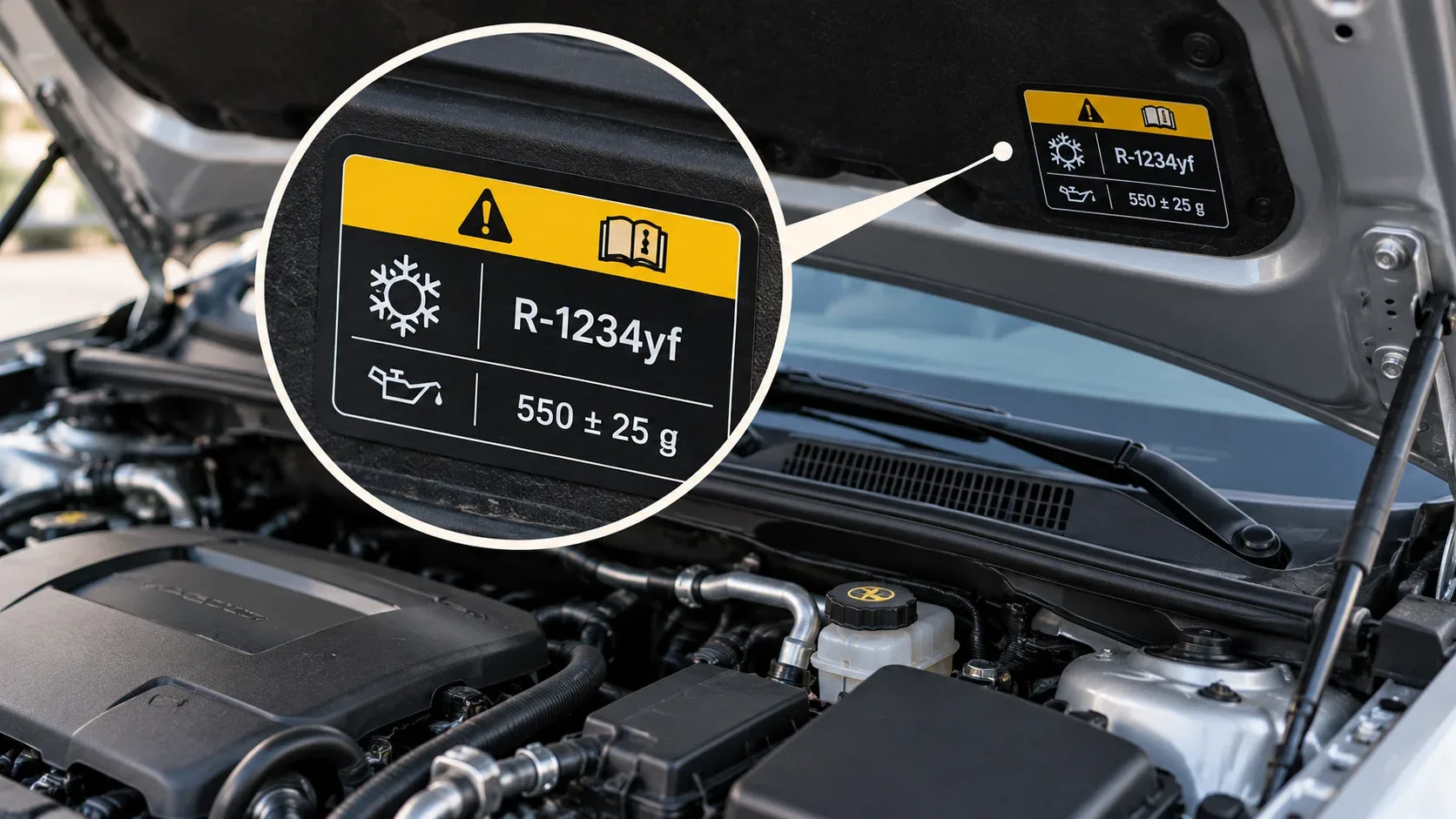 Under-hood automotive AC label displaying R-1234yf refrigerant specification
