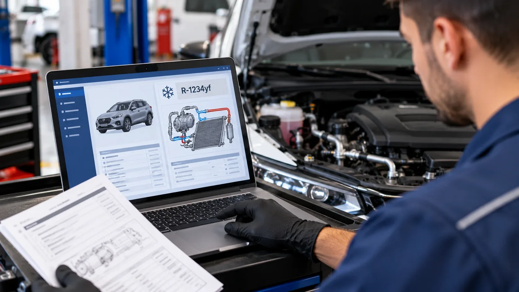 Automotive technician consulting manufacturer AC service information on a laptop