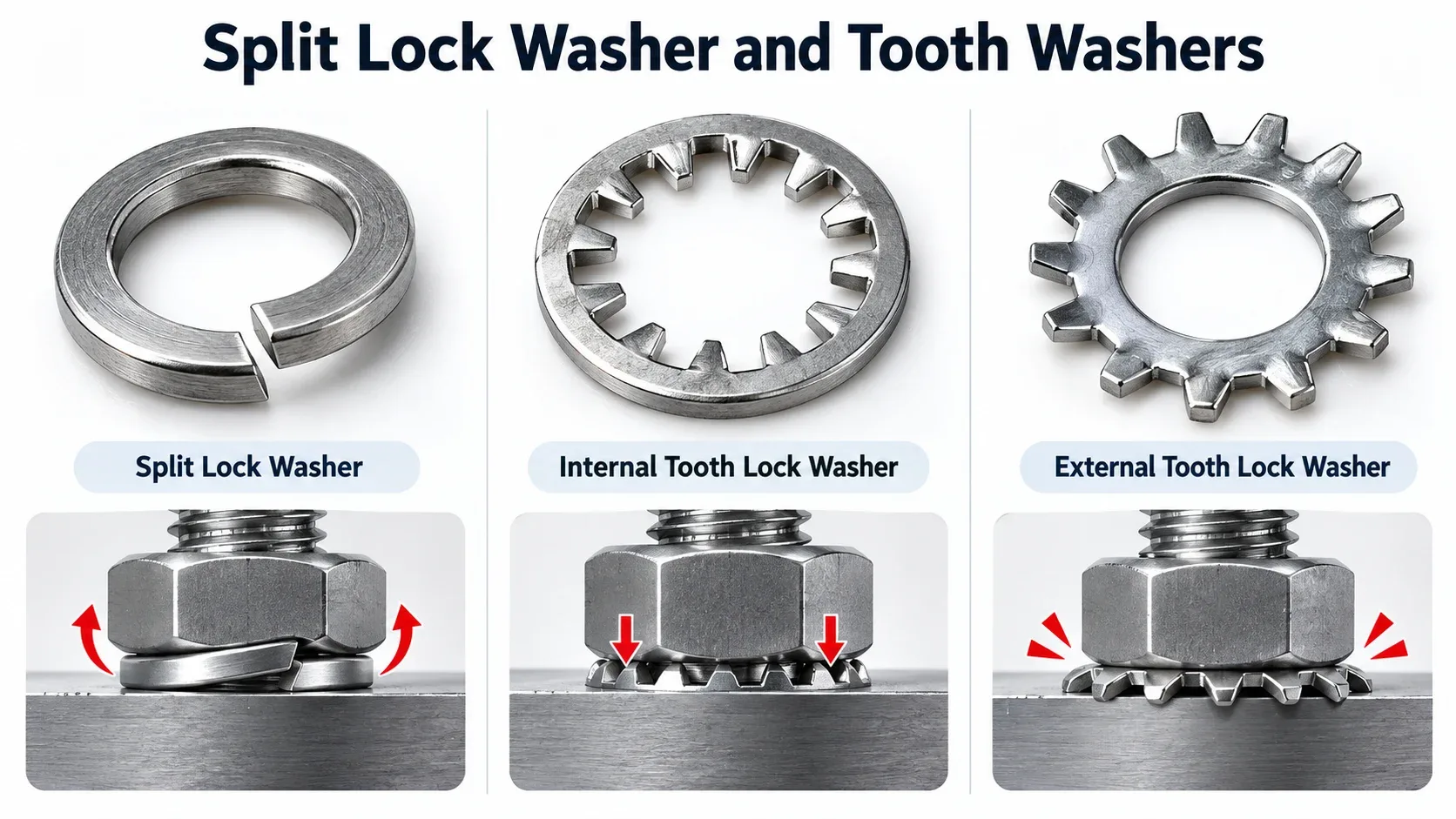 Split lock washer internal tooth lock washer and external tooth lock washer comparison