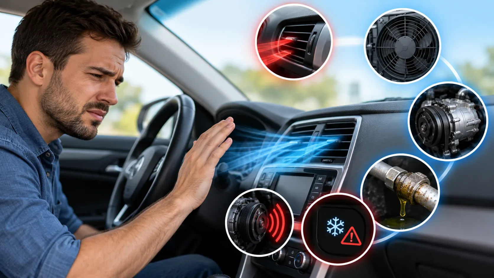 Driver noticing poor car AC cooling with illustrations of possible mechanical and electrical causes