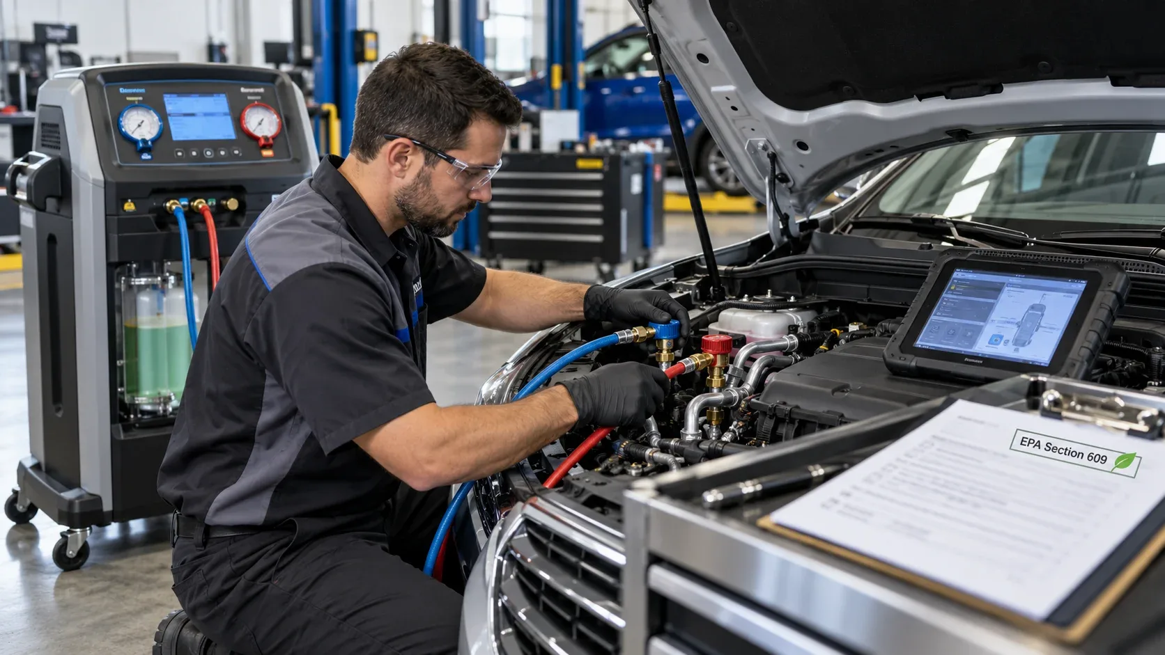 Automotive technician following EPA Section 609 air-conditioning servicing procedures