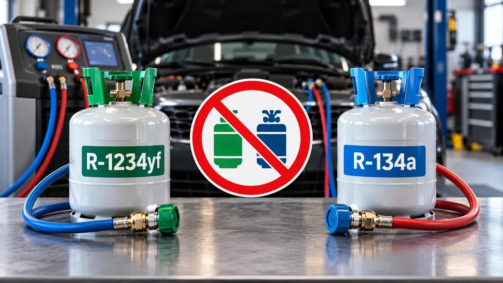 R-1234yf and R-134a refrigerant cylinders separated by a warning symbol showing they must not be mixed
