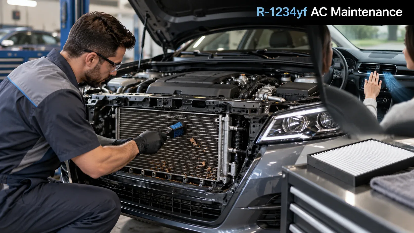 Technician performing automotive AC maintenance including cleaning condenser and checking cabin air filter