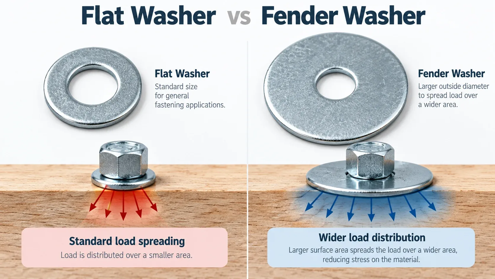 Flat washer versus fender washer comparison showing standard and wider load distribution