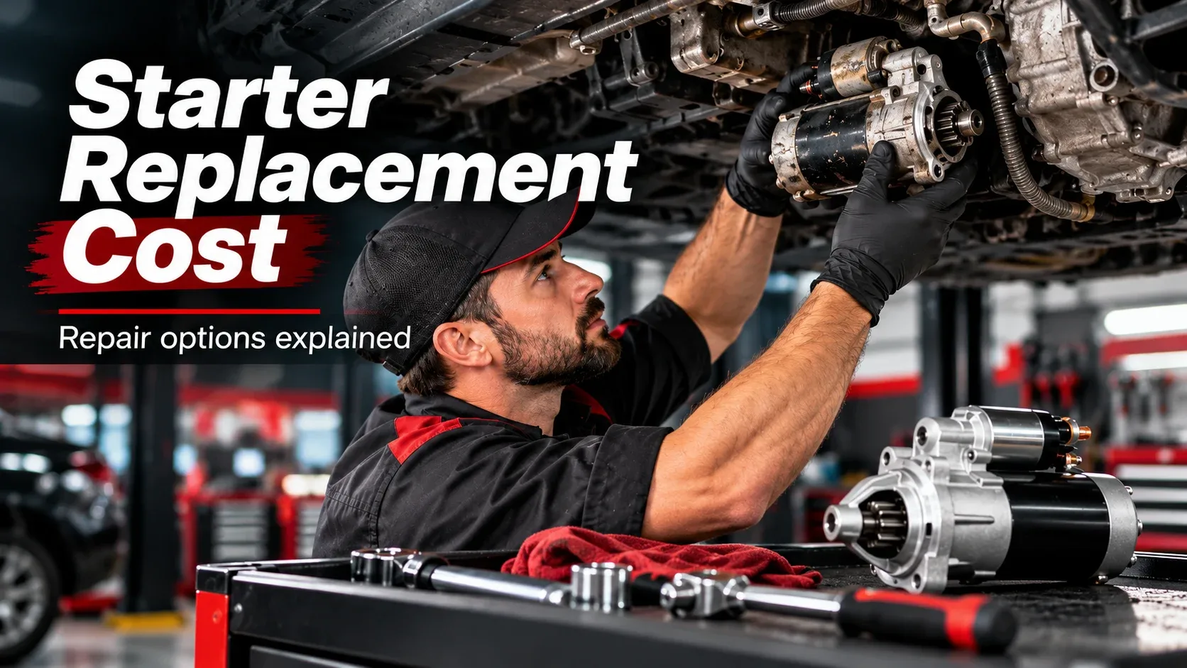 Mechanic replacing a starter motor