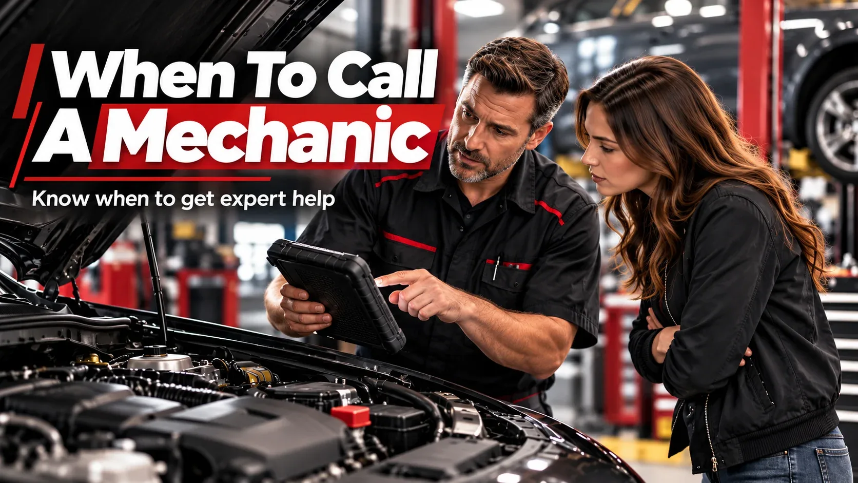 Professional mechanic discussing engine diagnostics with a driver