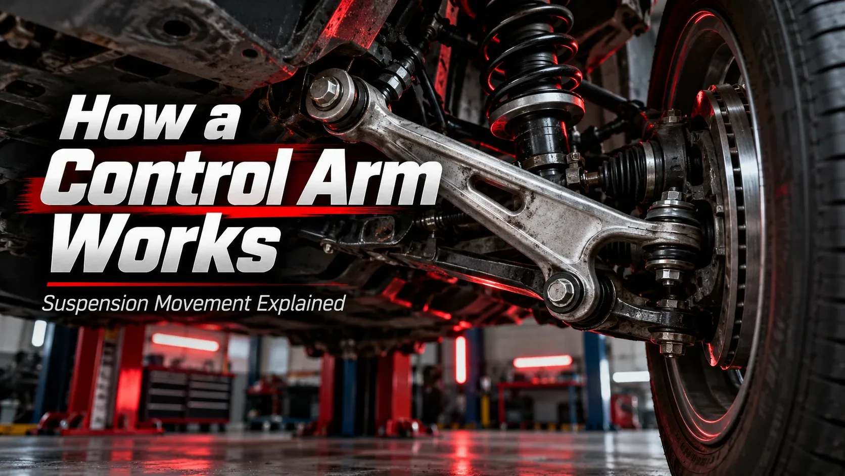 How a control arm works within a car front suspension and wheel assembly