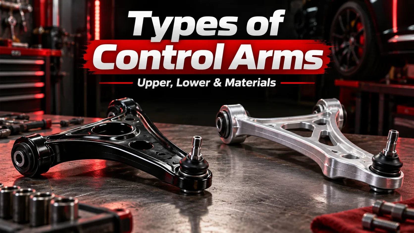 Types of car control arms including steel and aluminum suspension arm designs