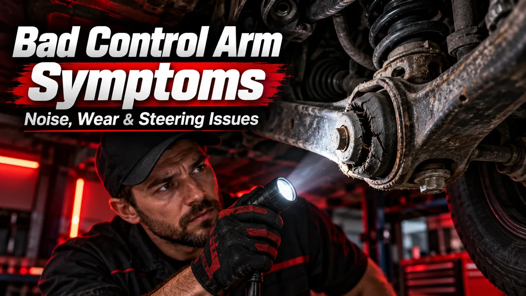 Bad control arm symptoms showing a mechanic inspecting a damaged suspension bushing