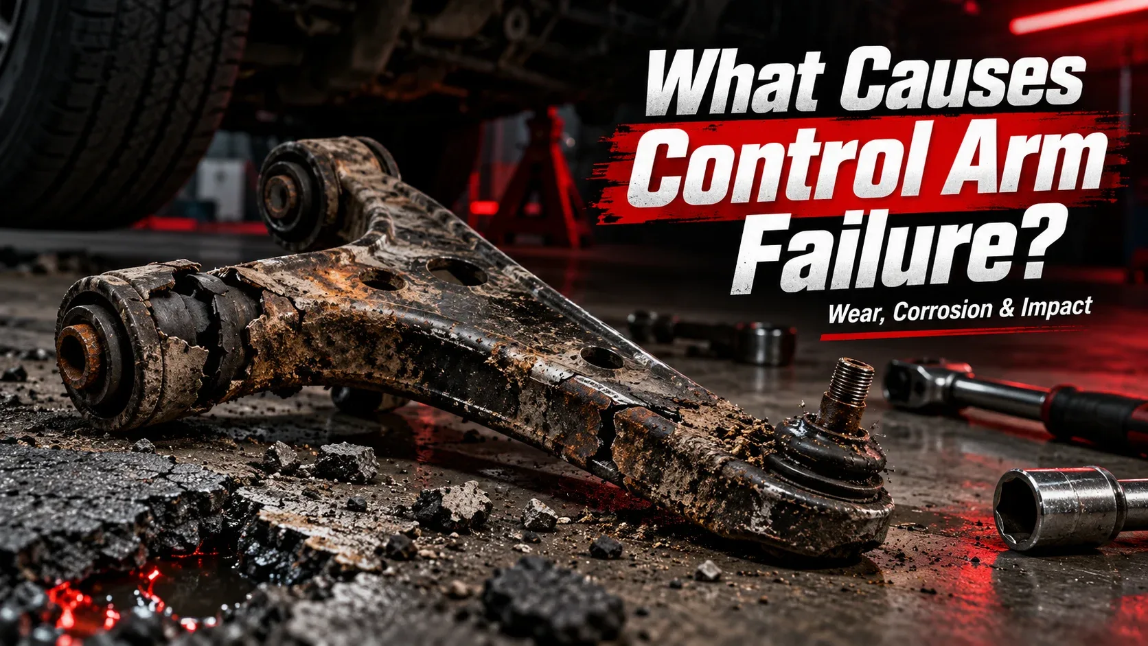 Causes of control arm failure showing corrosion, wear and damage from road impact