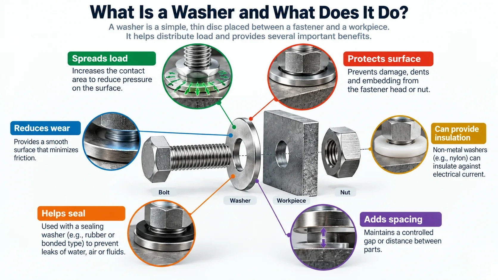 What a washer does including load distribution surface protection wear reduction sealing spacing and electrical insulation