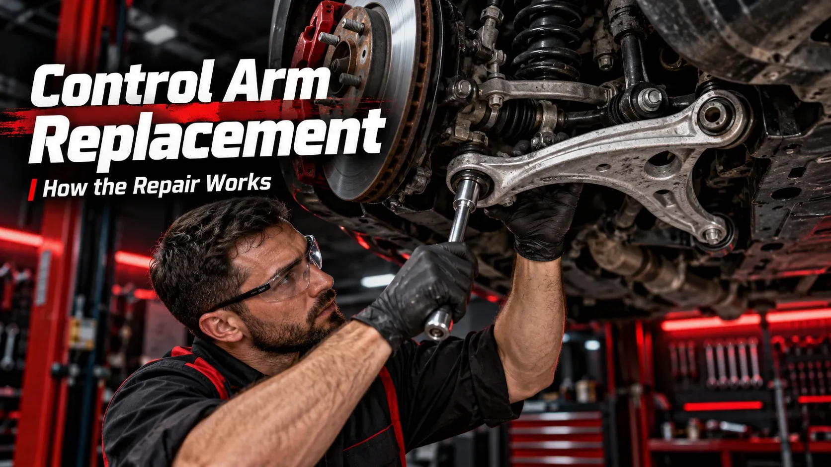 Professional mechanic carrying out control arm replacement on a raised vehicle