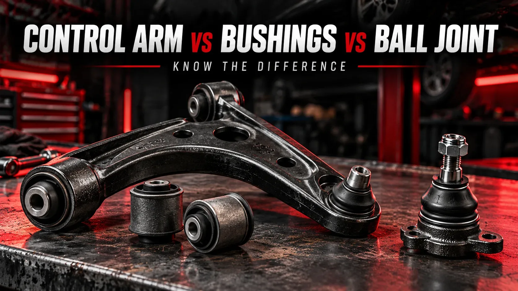 Comparison of a complete suspension control arm, separate bushings and ball joint