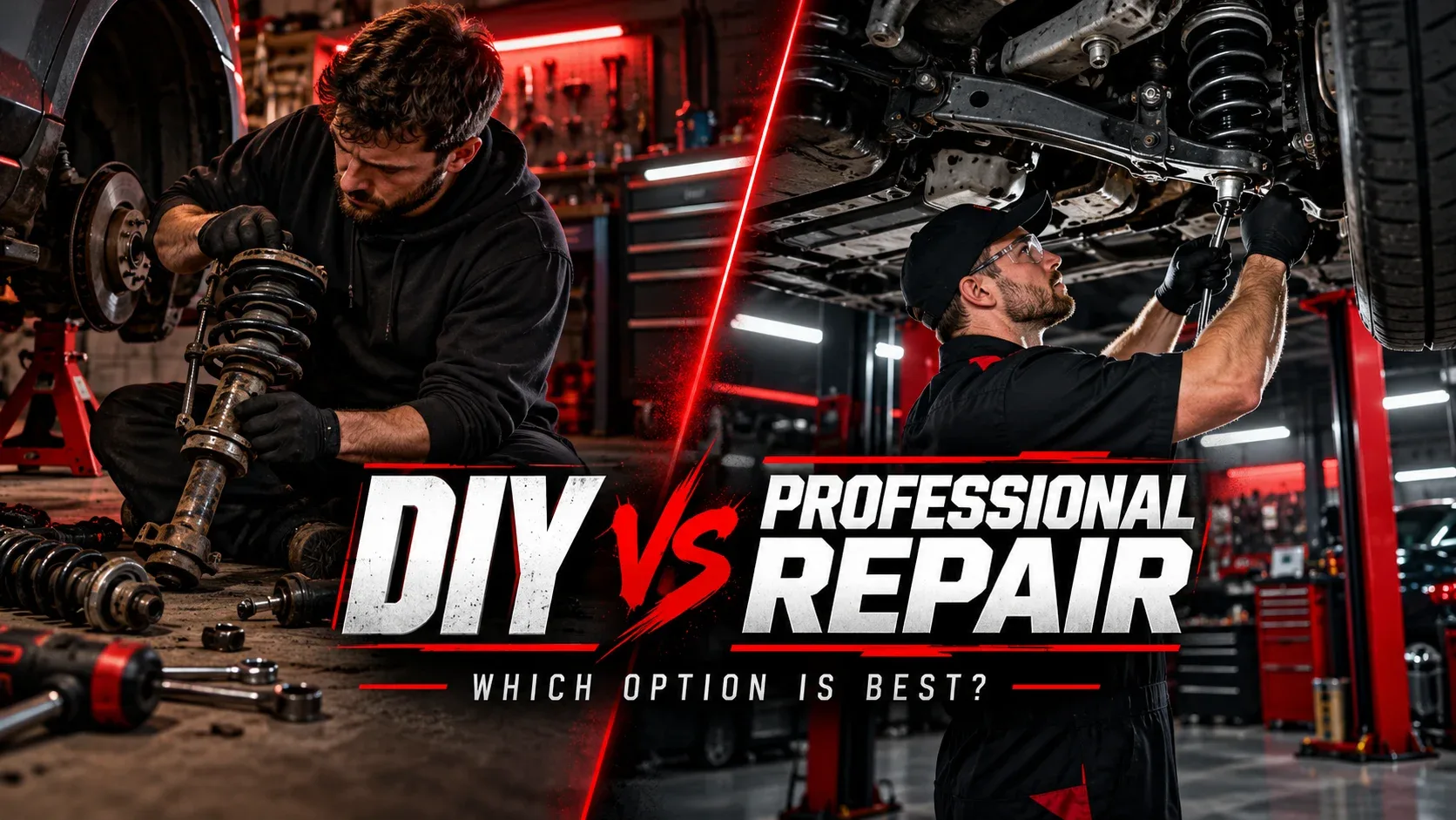 DIY control arm repair in a home garage compared with professional automotive suspension repair