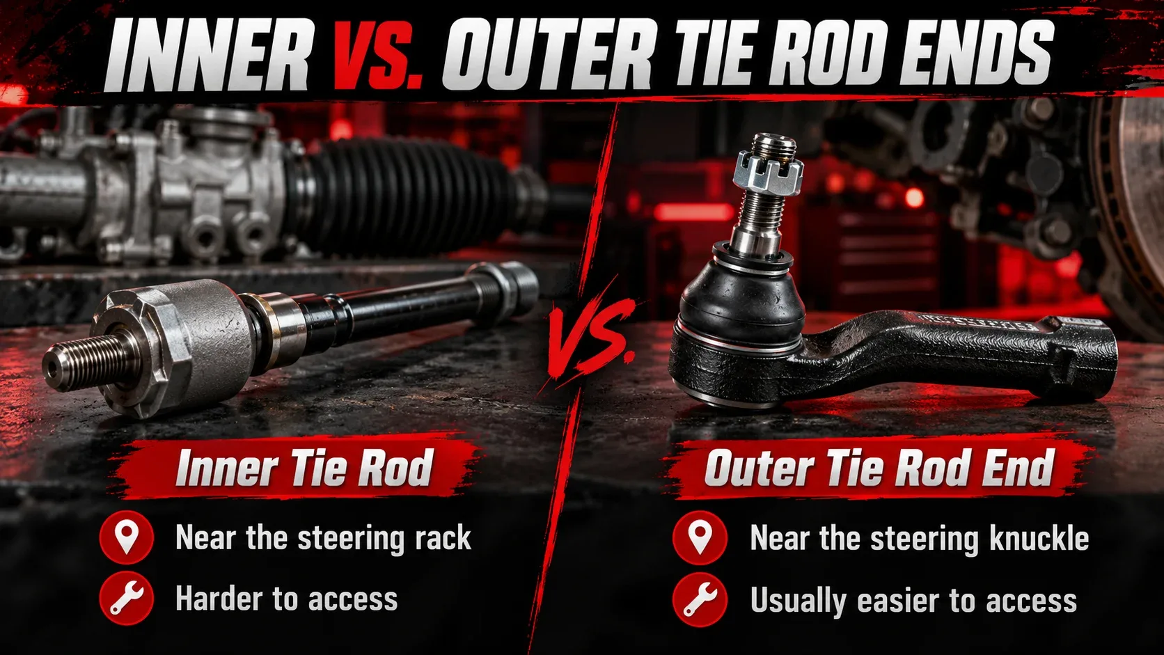 Inner vs outer tie rod ends comparison showing location and accessibility differences