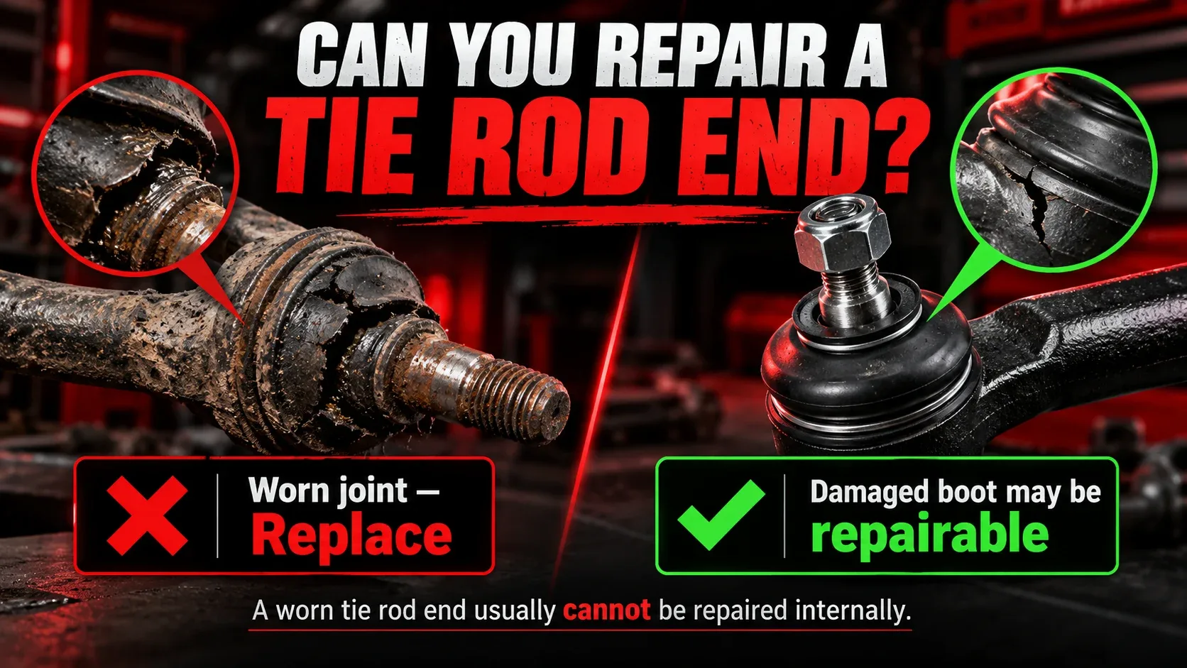 Tie rod end repair versus replacement comparing worn joint and potentially serviceable rubber boot