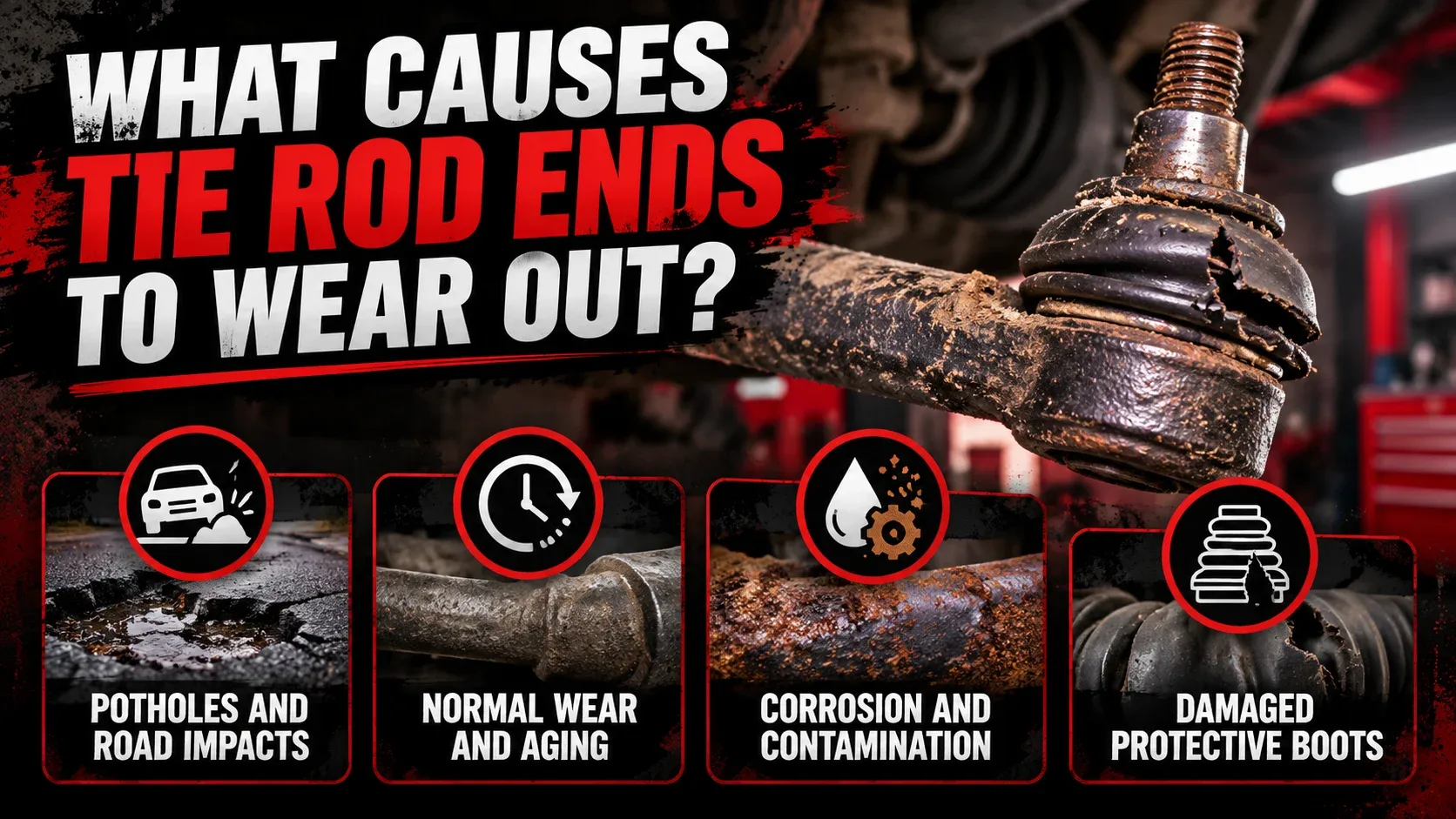 Causes of tie rod end wear including potholes, aging, corrosion and damaged protective boots