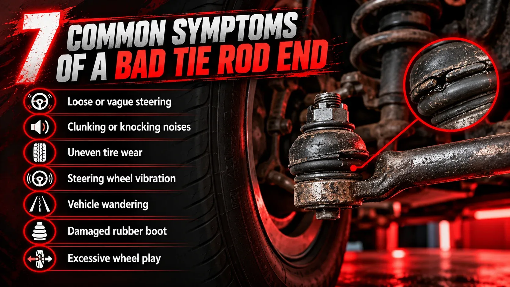 Seven symptoms of a bad tie rod end including loose steering, knocking, tire wear and damaged rubber boot