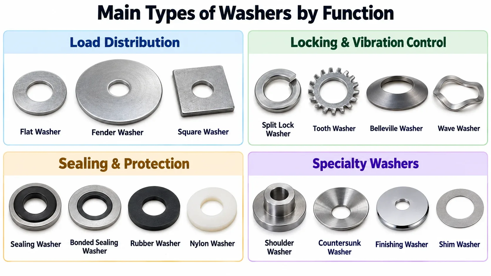 Main types of washers by function including load distribution locking vibration control sealing protection and specialty washers