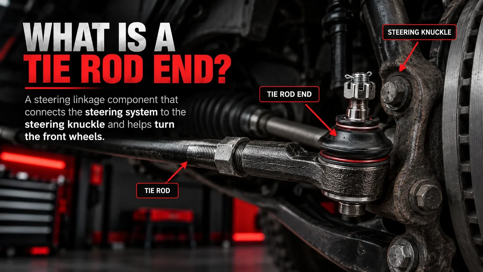 What is a tie rod end: labeled steering linkage, tie rod end and steering knuckle