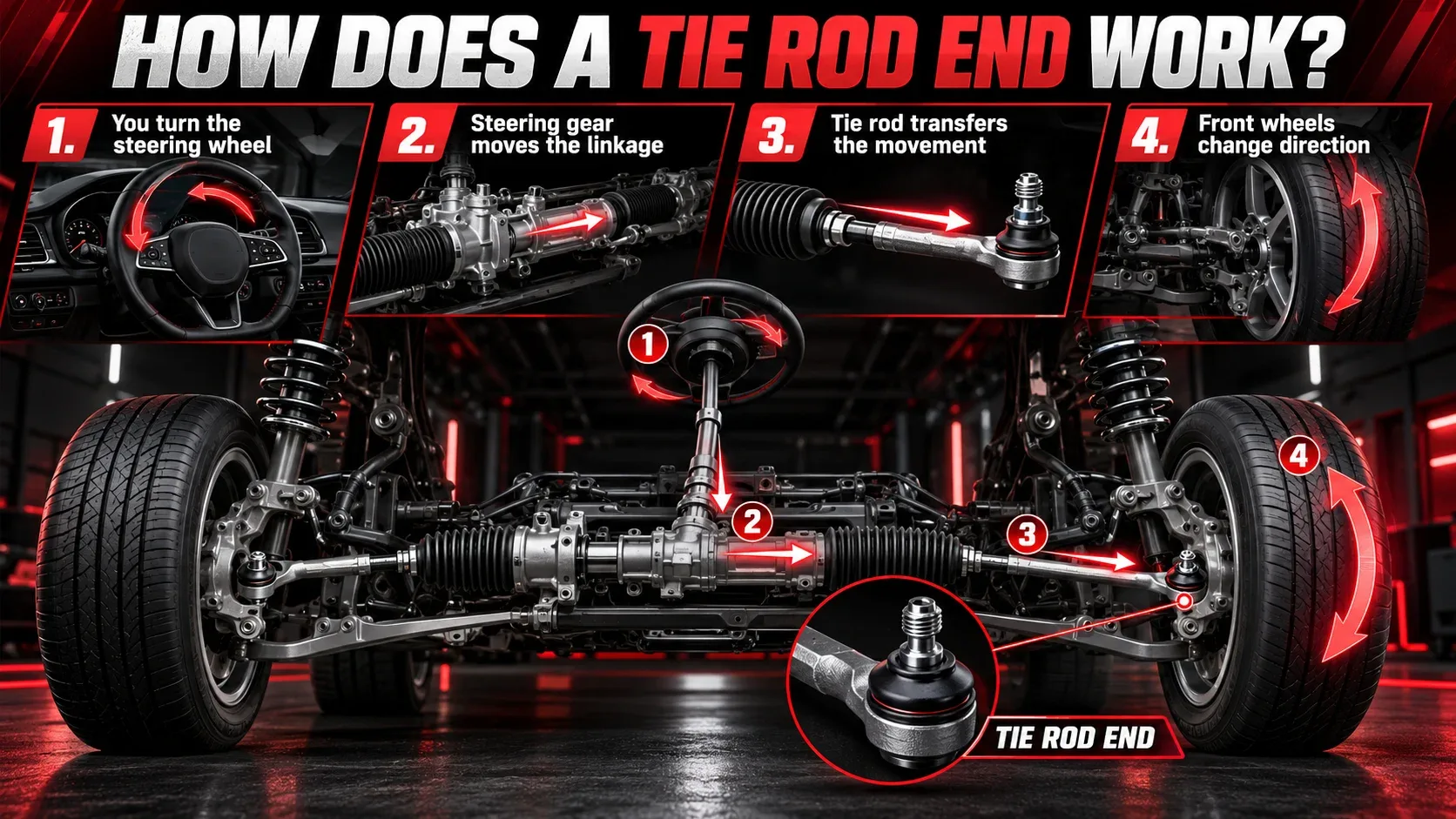 Diagram showing how a tie rod end works from steering wheel input to wheel movement