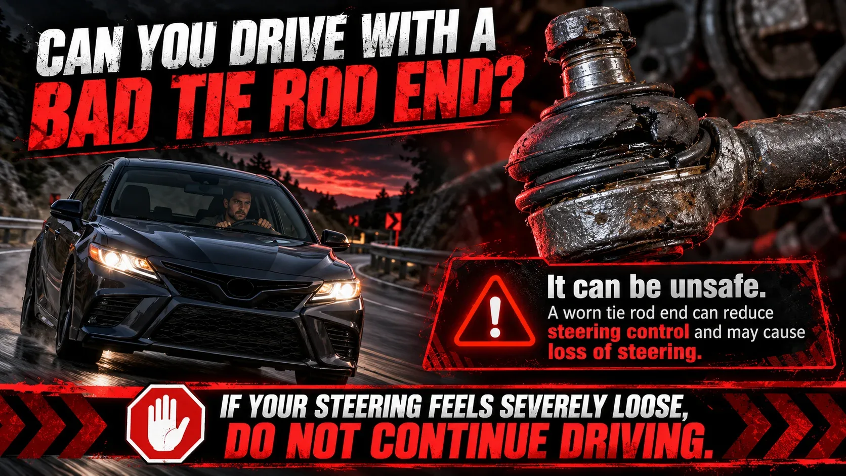 Safety warning explaining why driving with a severely worn tie rod end can be dangerous