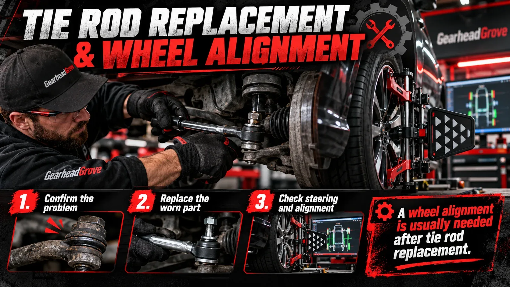 Tie rod end replacement and wheel alignment overview in professional workshop