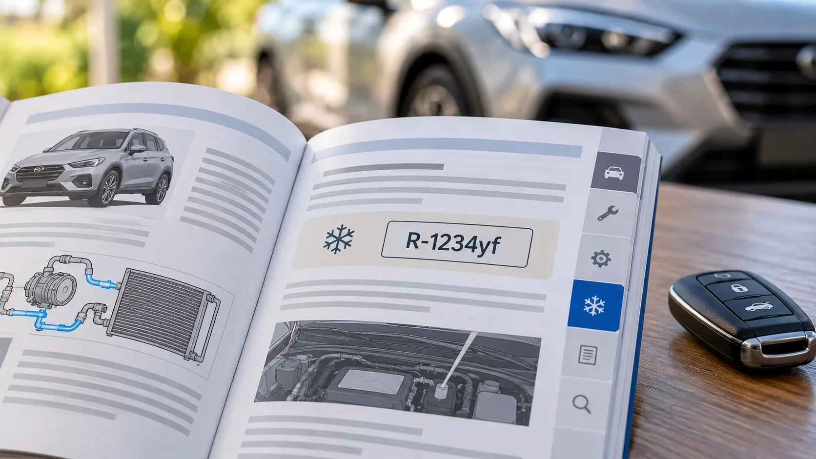 Open vehicle owner's manual showing R-1234yf automotive air conditioning refrigerant specifications