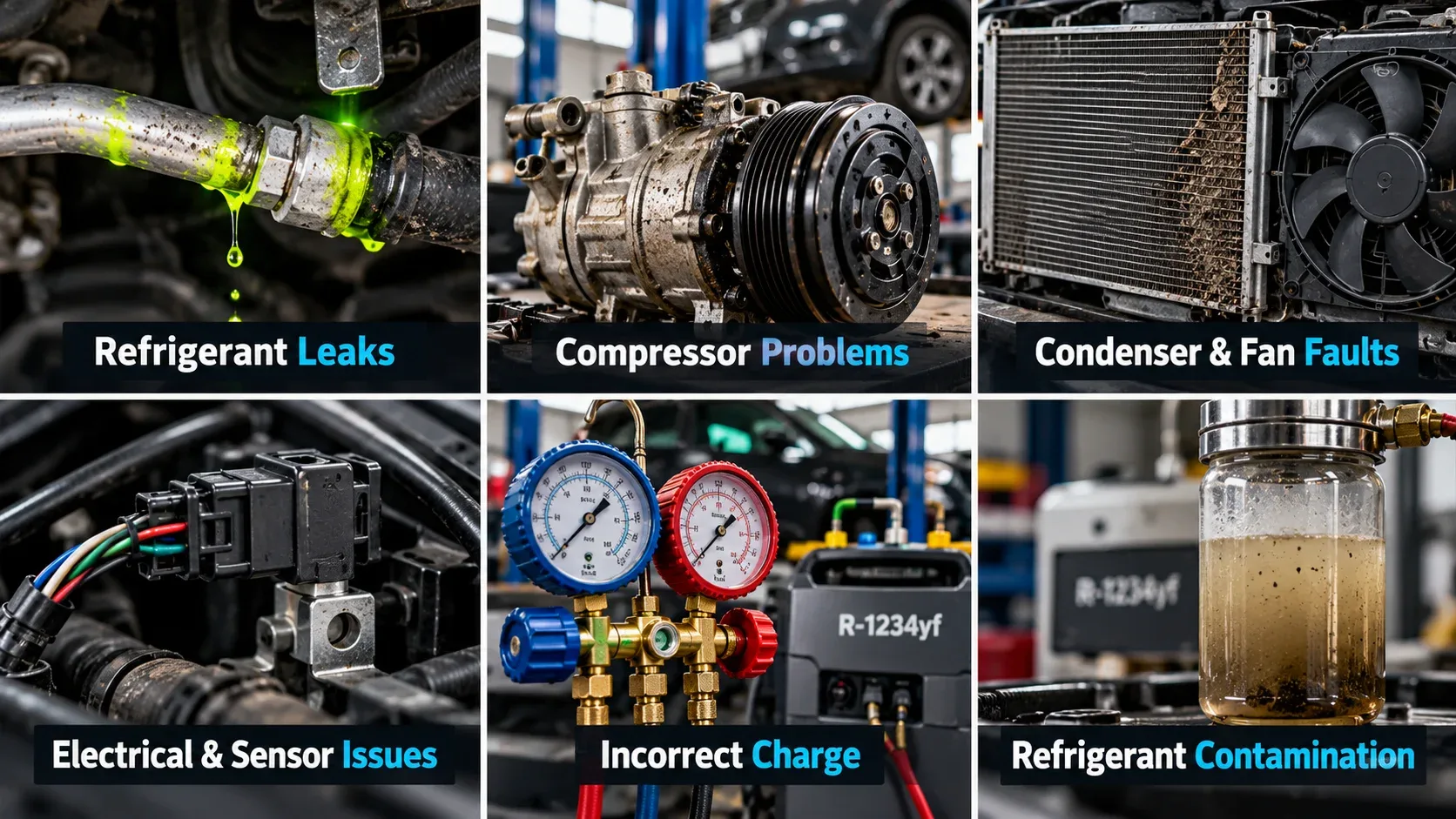 Six common R-1234yf AC problems including refrigerant leaks compressor faults condenser and fan issues electrical problems incorrect charge and contamination