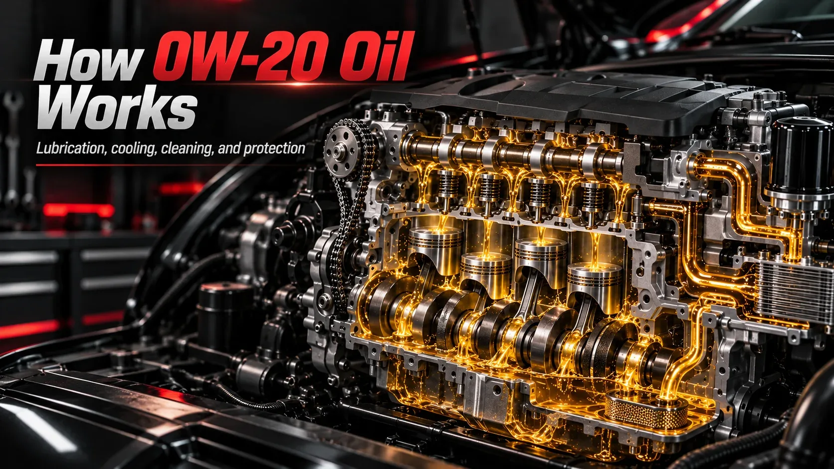 Engine cutaway showing lubricating motor oil circulating around internal engine components