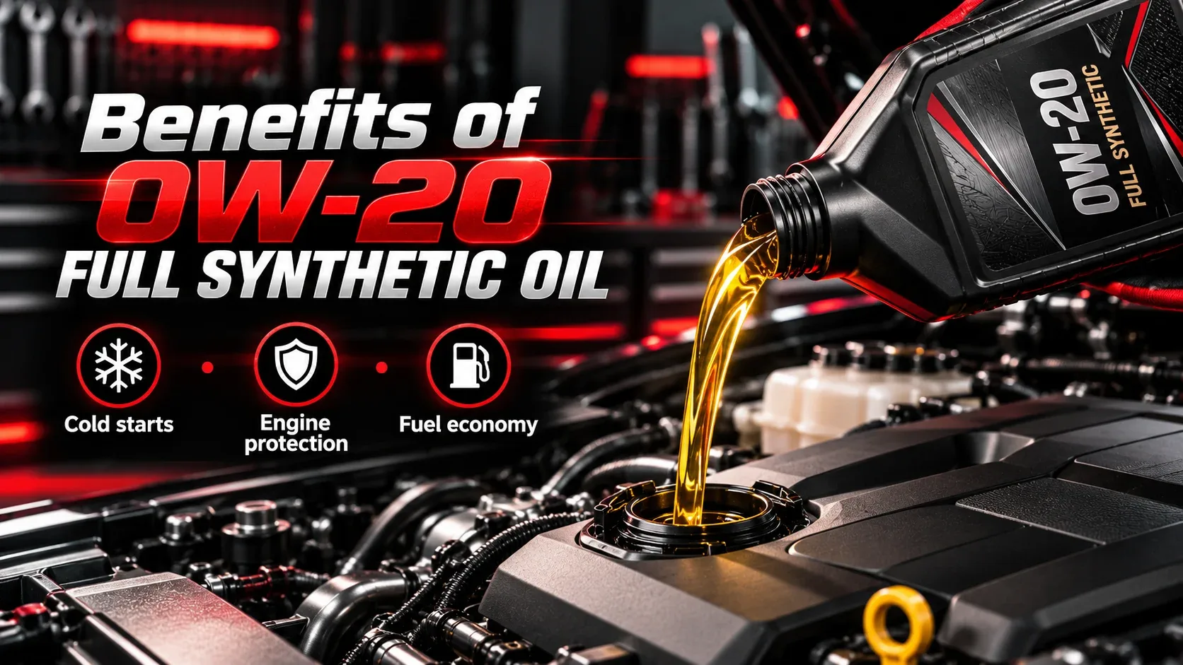Benefits of 0W-20 full synthetic engine oil including cold starts and engine protection