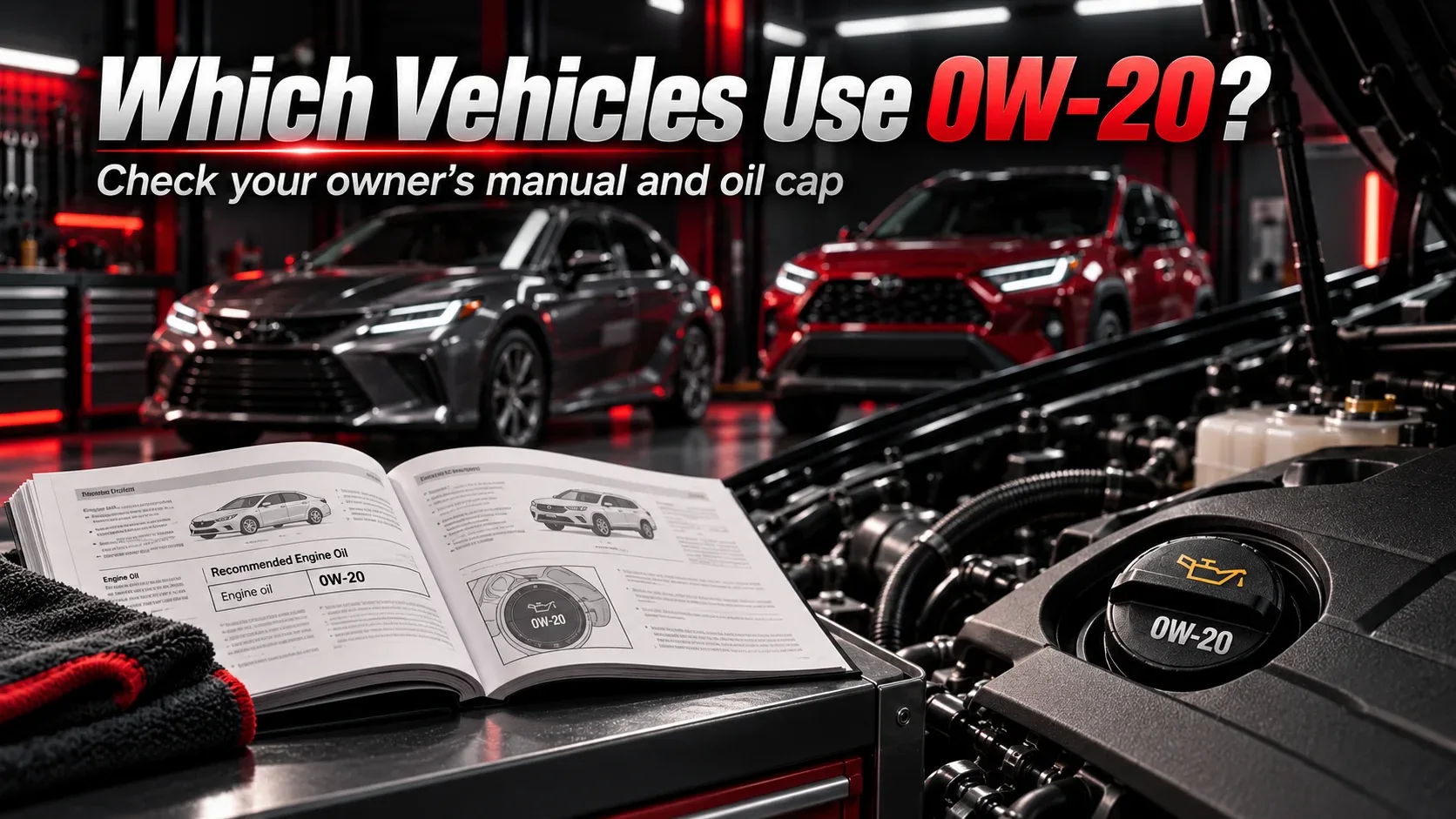 Vehicles and engine oil cap with owner's manual used to verify 0W-20 oil compatibility