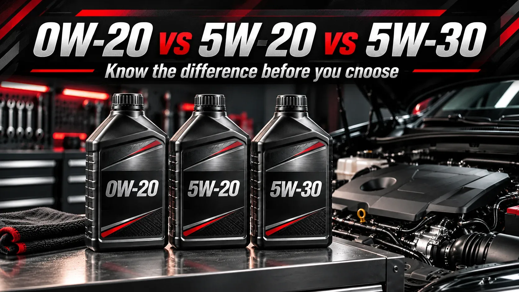 Side-by-side comparison of 0W-20, 5W-20 and 5W-30 engine oil grades