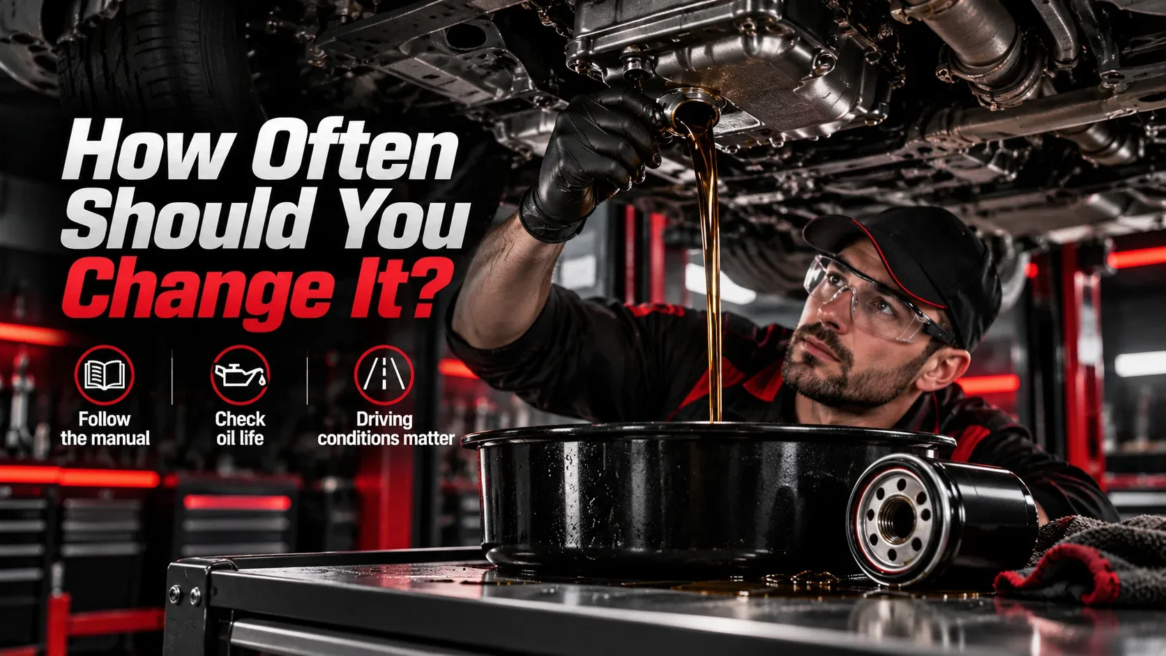 Professional mechanic changing motor oil and inspecting oil filter beneath a vehicle