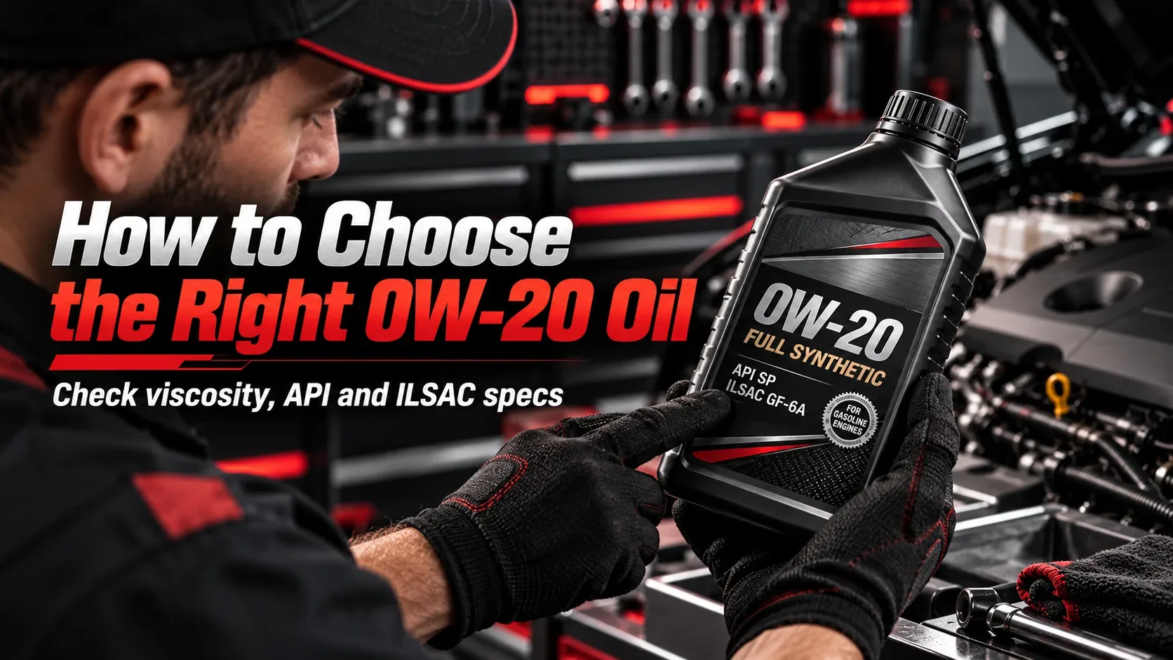 Mechanic examining a 0W-20 synthetic motor oil bottle and its engine-oil specifications