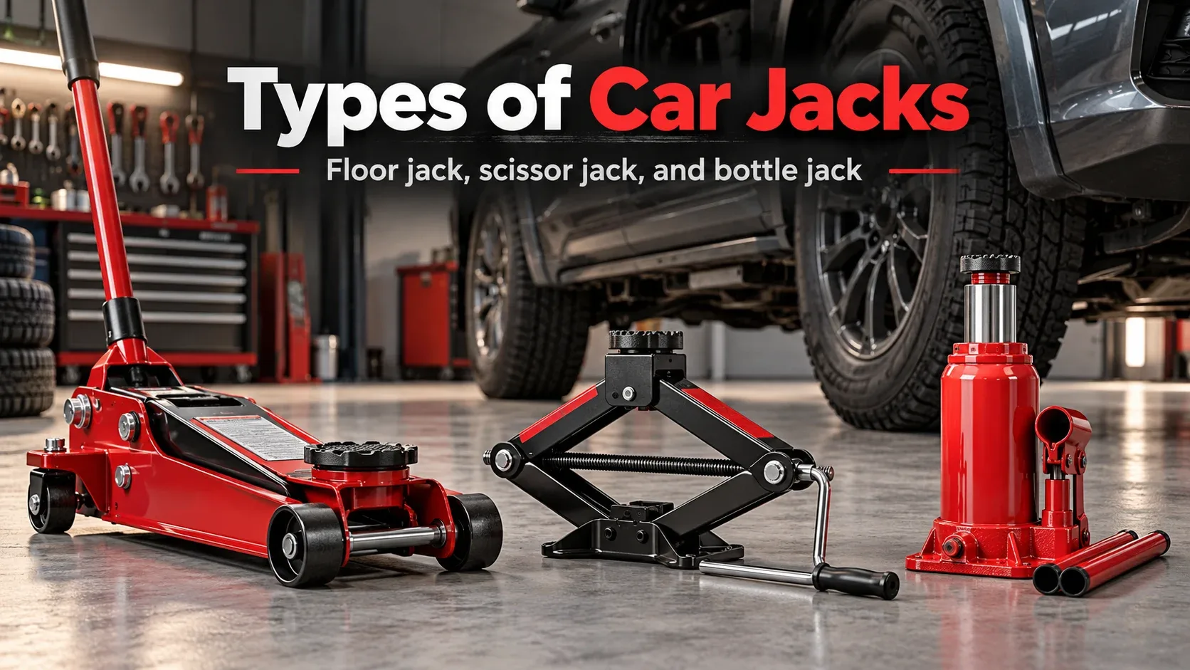 Different types of car jacks including hydraulic floor jack scissor jack and bottle jack