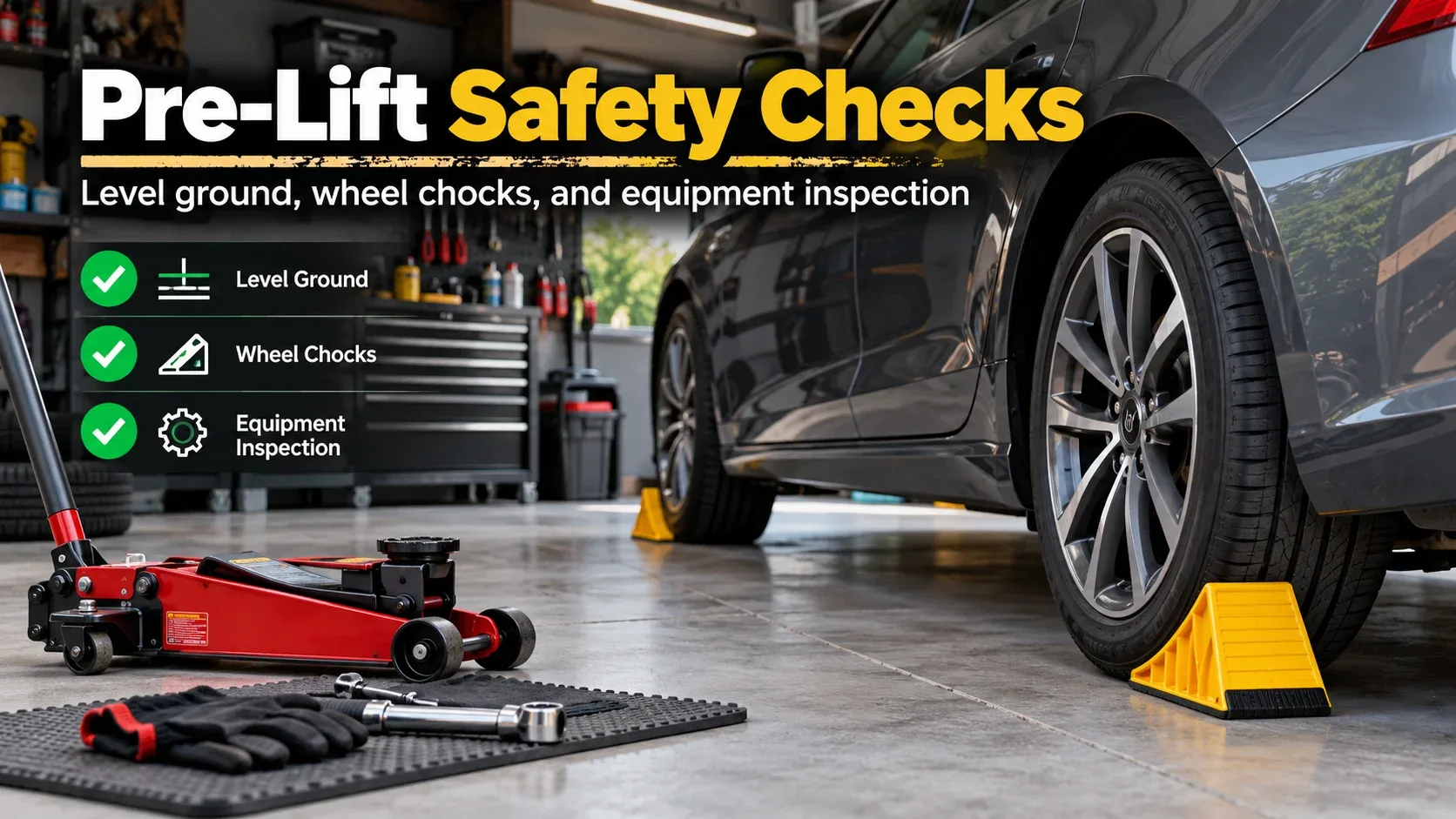 Pre-lift safety checks including wheel chocks level ground and car jack inspection