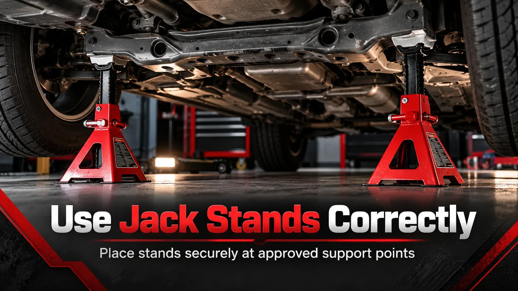 Correct use of automotive jack stands to support a raised car
