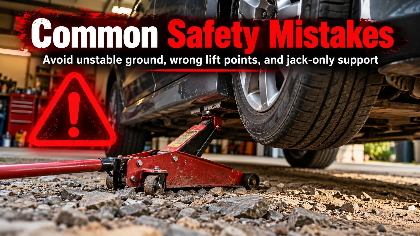 Common car jack safety mistakes including unstable ground and unsafe vehicle lifting