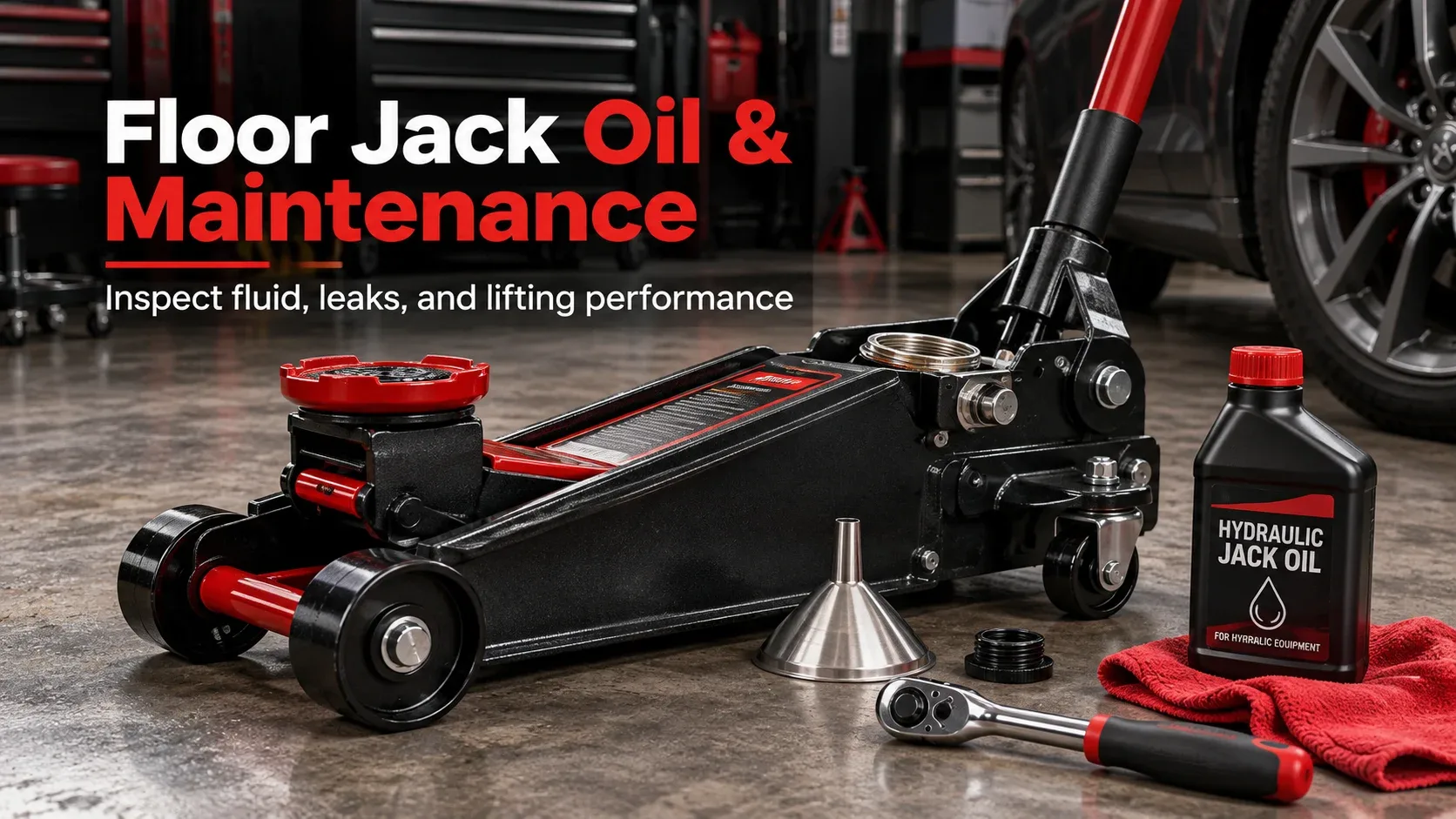 Hydraulic floor jack oil and maintenance including checking fluid levels and inspecting the jack