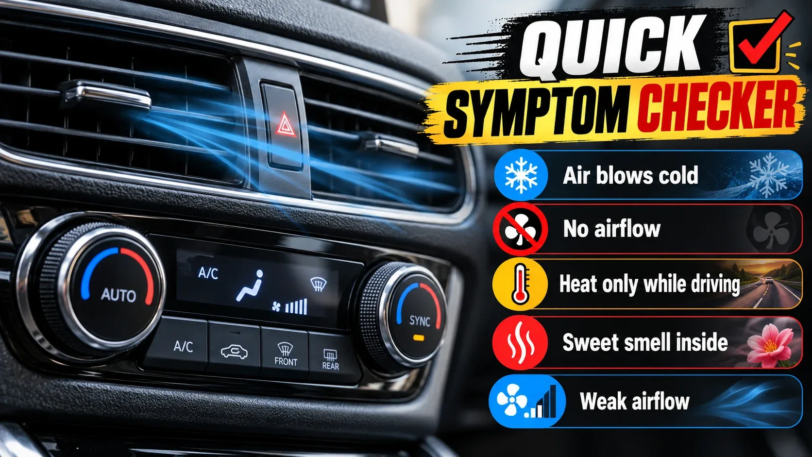 Car heater troubleshooting symptom checker for cold air, no airflow and weak heat