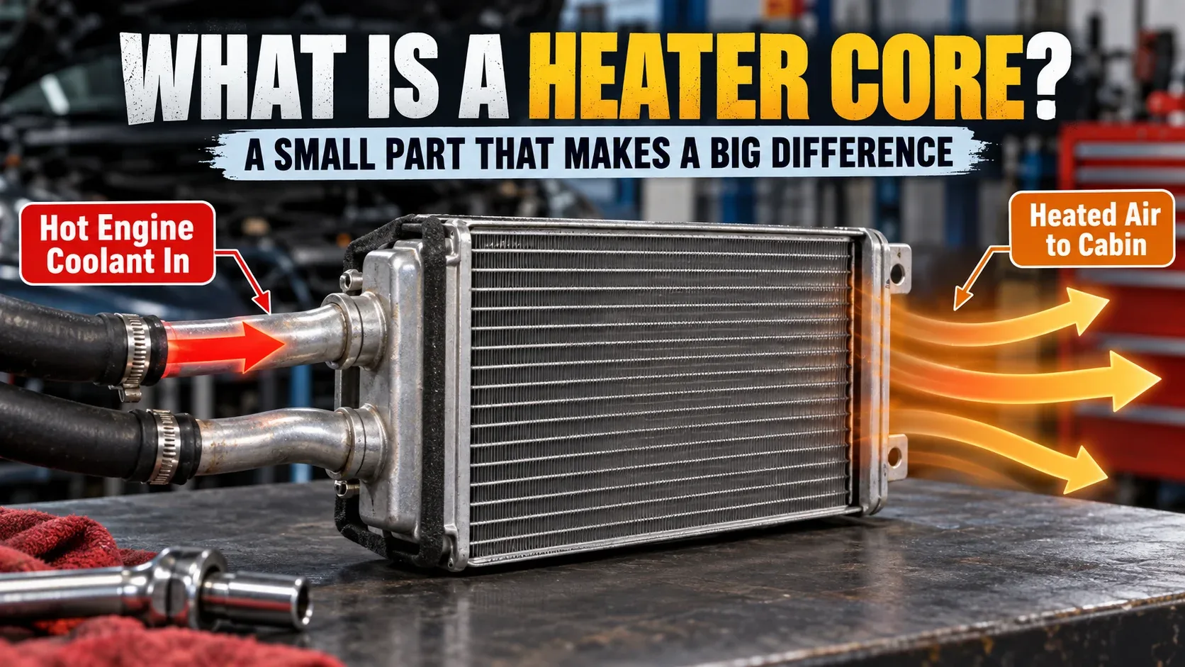 Car heater core diagram explaining warm coolant and cabin heating