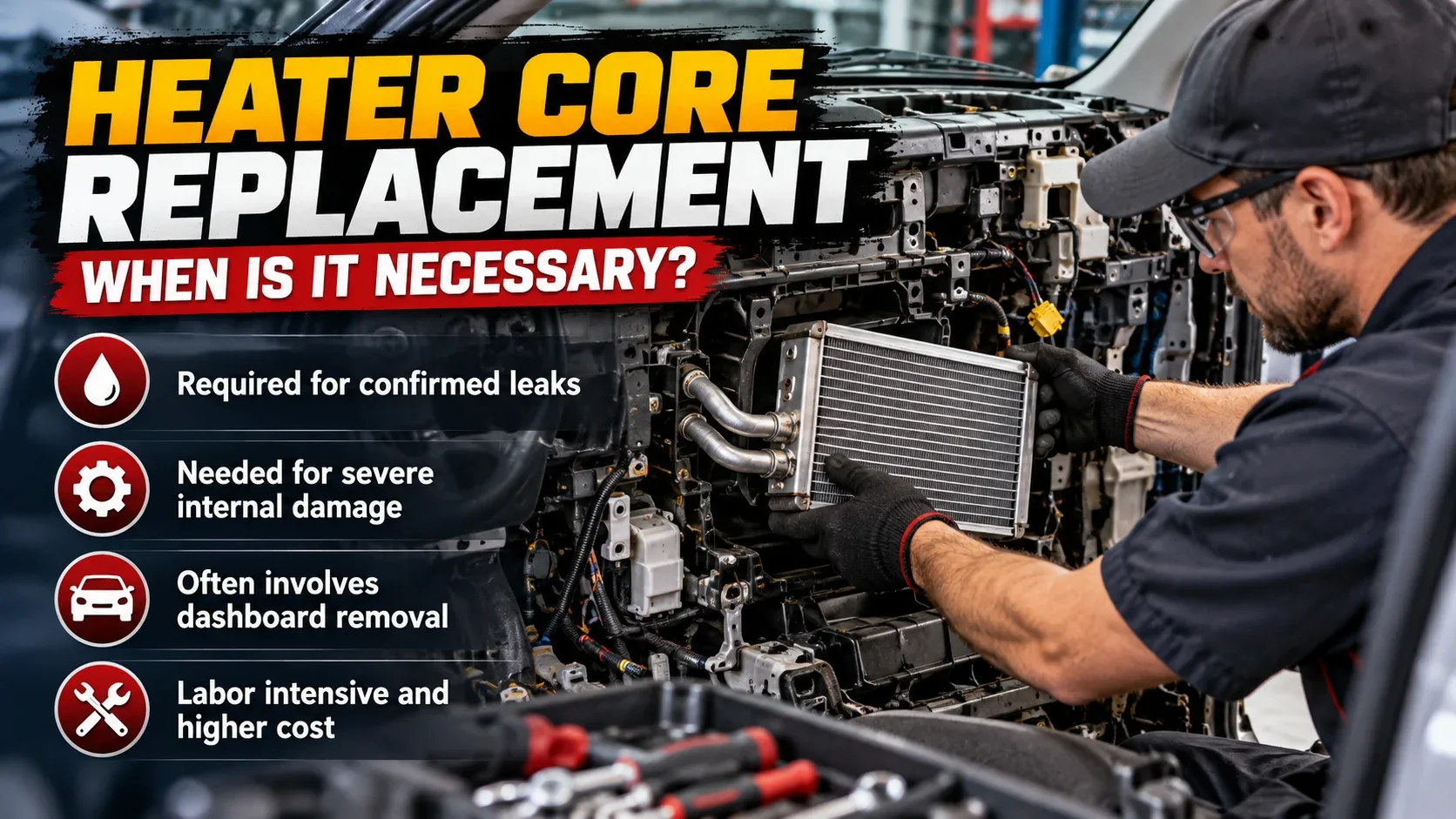 Mechanic replacing a vehicle heater core behind the dashboard